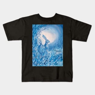 Blue hares in moonlight Kids T-Shirt